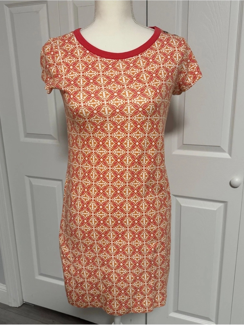 Talbots Orange and Cream Patterned Short-Sleeve Shift Dress